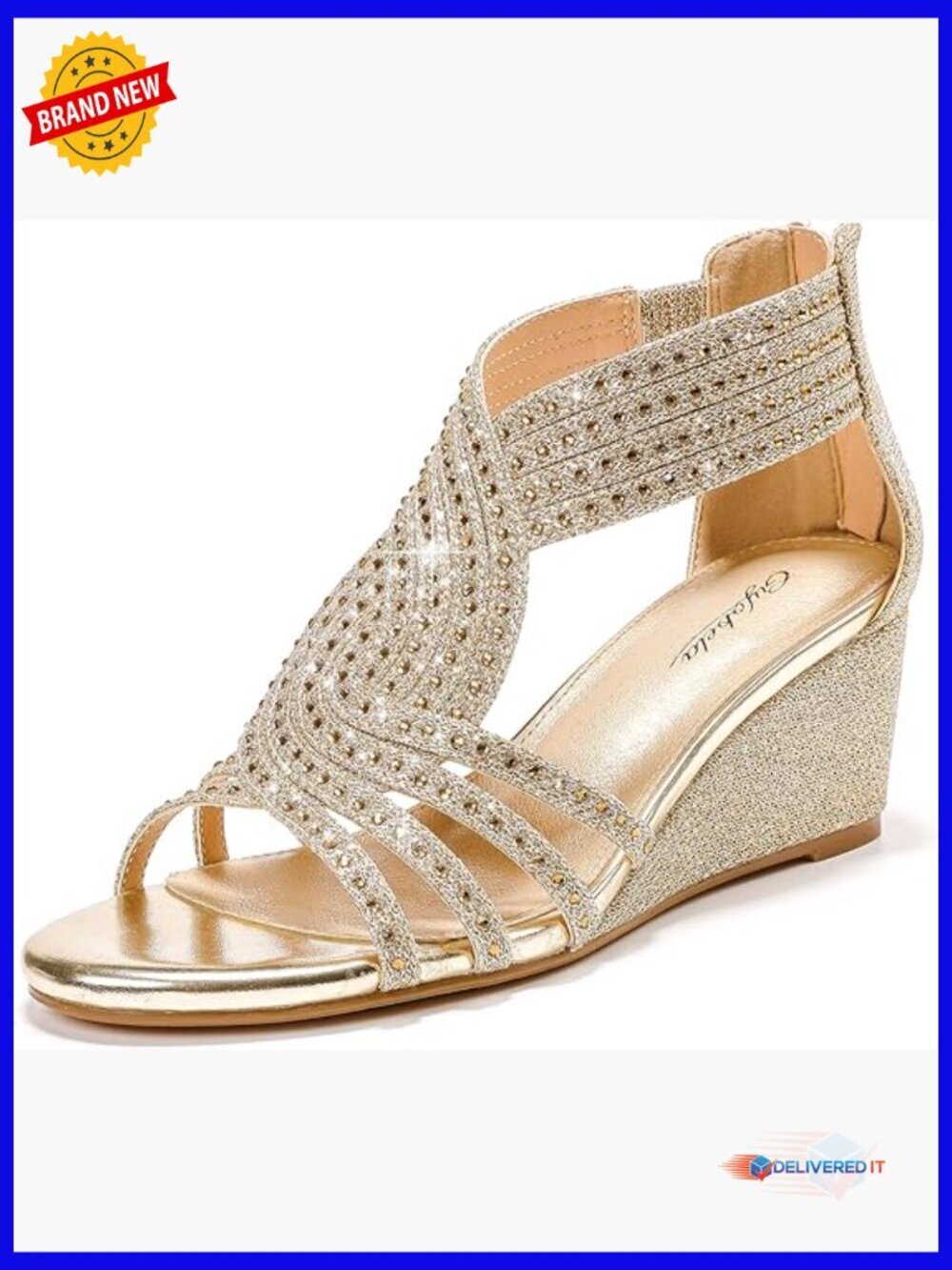 Women's Sparkly Rhinestone Wedge Sandals Open Toe Dressy Evening Wedding